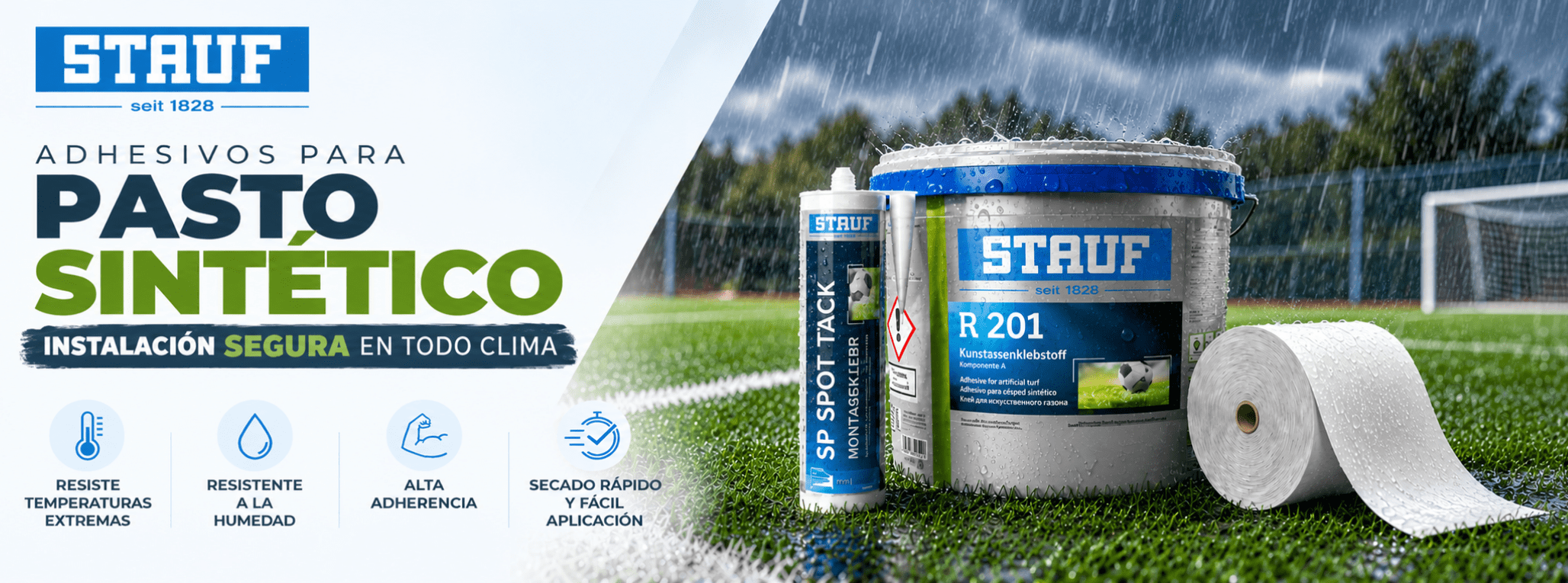 Pegamento para pasto sintético STAUF R 201 y Spot Tack para instalación de canchas deportivas
